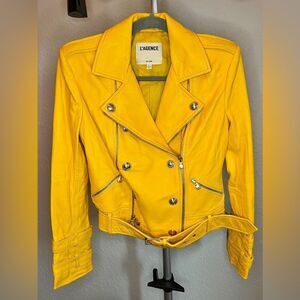 L’AGENCE Billie Lambskin Leather Yellow Double Breasted Moto Jacket XS NWOT
